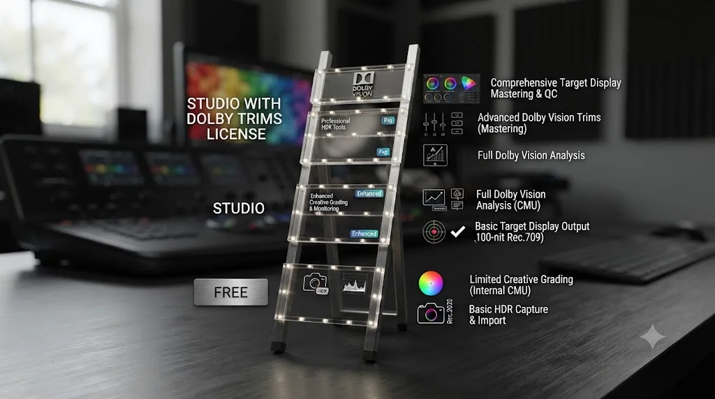 Illustration of a three-tier ladder showing DaVinci Resolve Dolby Vision capabilities at Free, Studio, and Studio with a Dolby Vision Trims License