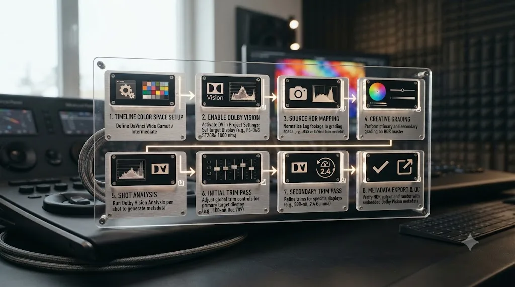 Illustration of an eight-step Dolby Vision grading workflow diagram in DaVinci Resolve, from color space setup to trim pass