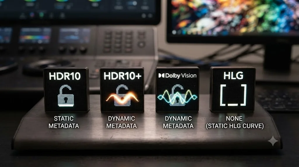 Illustration comparing HDR10, HDR10+, Dolby Vision, and HLG with icons showing static versus dynamic metadata