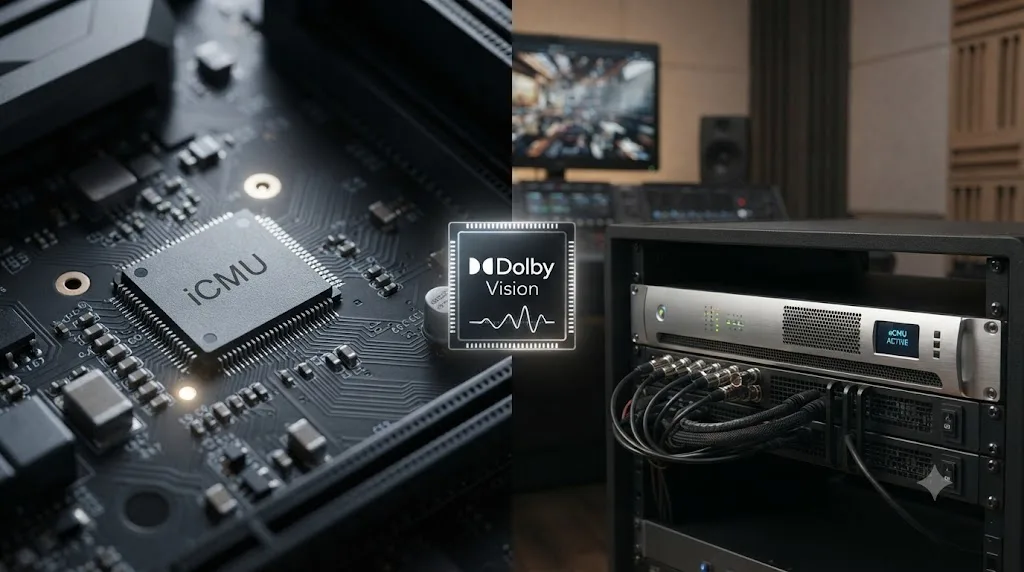 Illustration comparing a software iCMU chip and a rack-mounted external CMU hardware unit, both producing the same Dolby Vision output