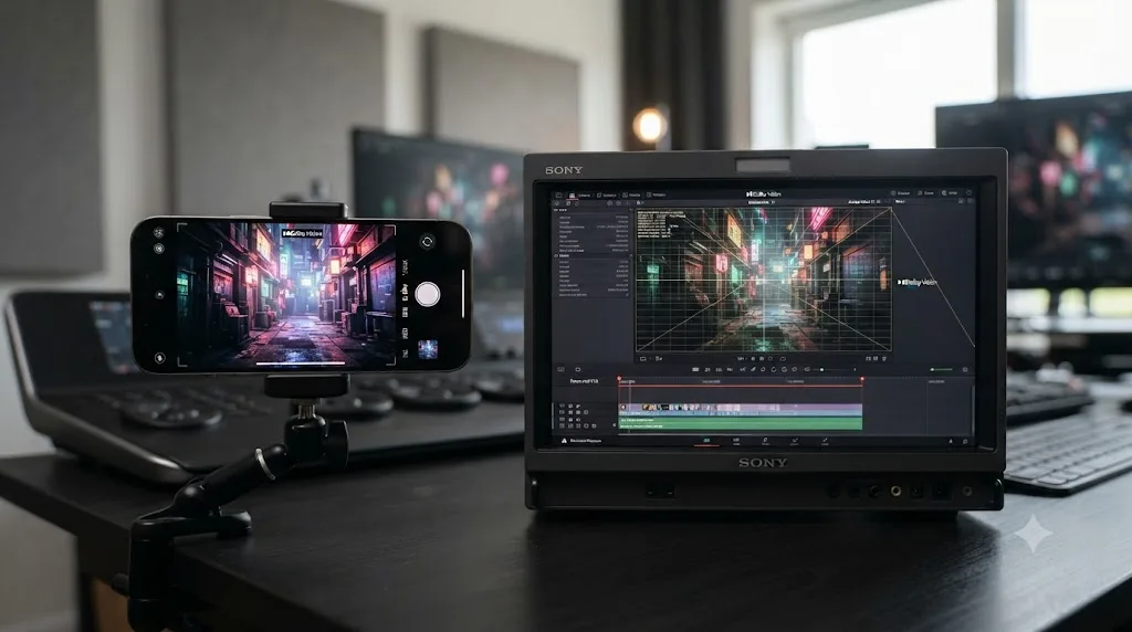 Illustration of an iPhone recording Dolby Vision HDR video next to a DaVinci Resolve timeline showing the same clip during Dolby Vision analysis
