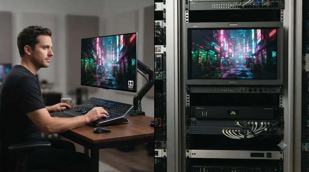 Illustration contrasting a solo colorist's desk setup with a full broadcast facility mastering rack, both producing Dolby Vision output