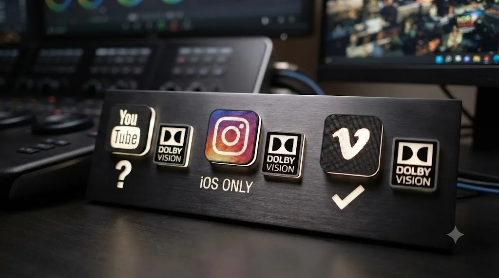 Illustration comparing YouTube, Instagram, and Vimeo Dolby Vision upload support, with a question mark over YouTube and a checkmark over Vimeo