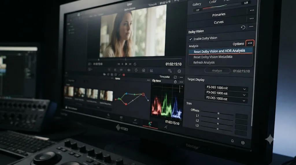 Illustration of a DaVinci Resolve Dolby Vision panel with an option menu open showing a reset analysis command