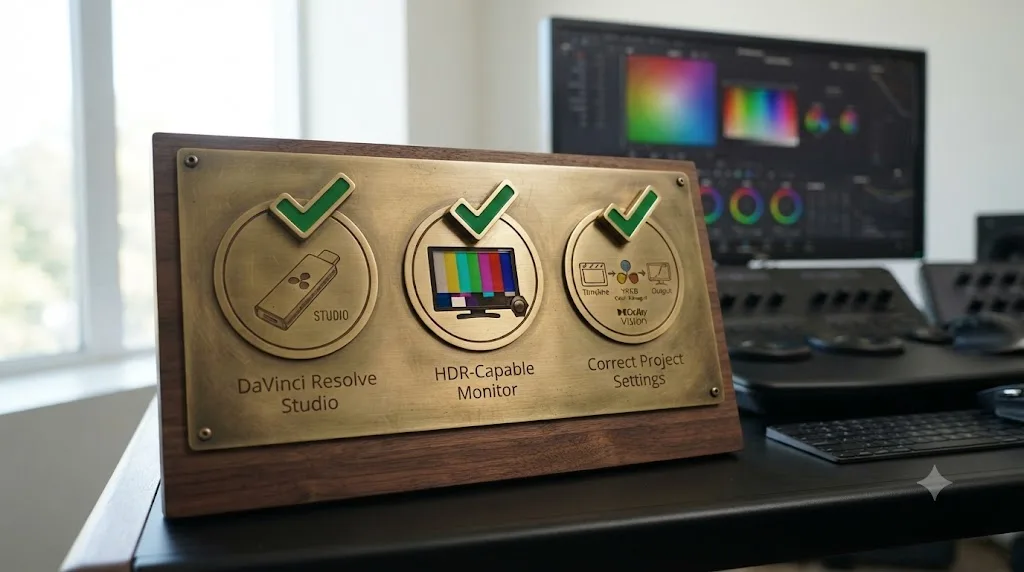 Illustration of a checklist showing three requirements for Dolby Vision grading in DaVinci Resolve: Studio, an HDR monitor, and correct project color space settings