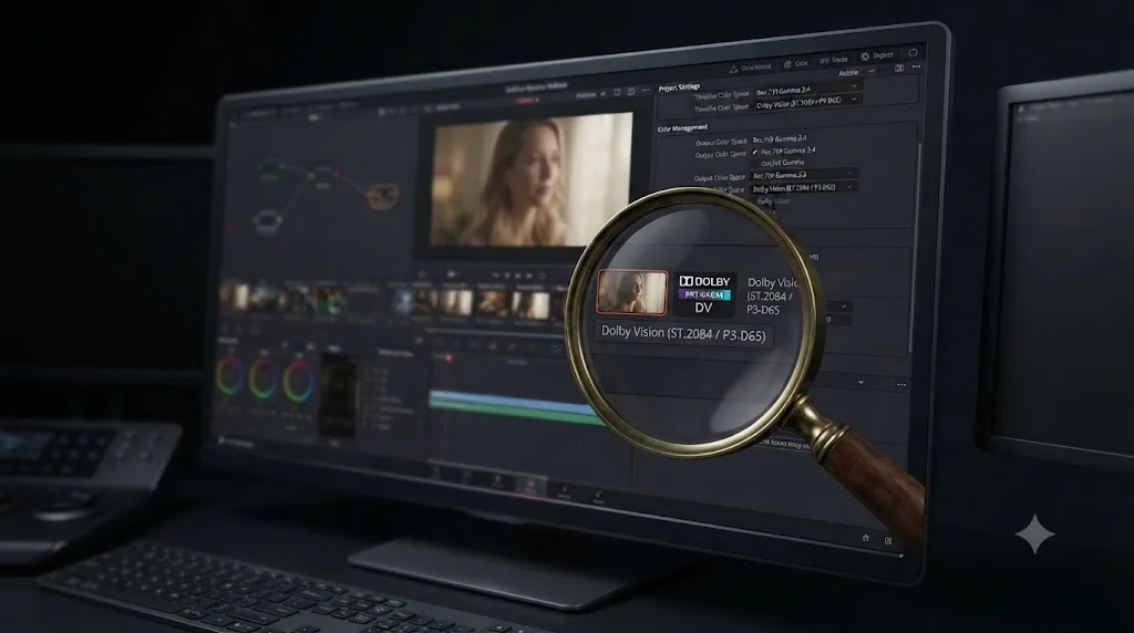 Illustration of a DaVinci Resolve project settings panel with a magnifying glass highlighting a color space mismatch against Dolby Vision metadata