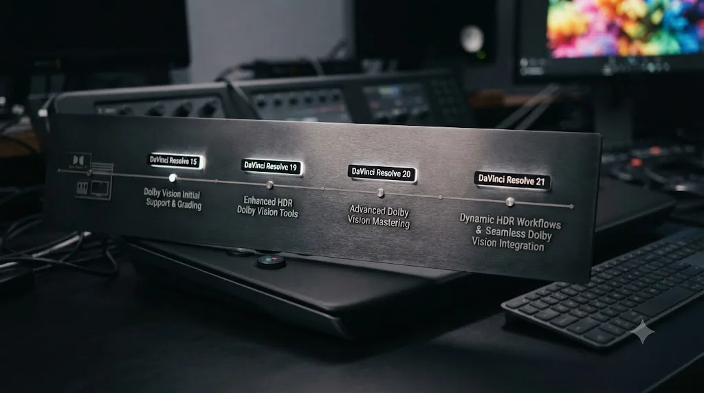 Illustration of a DaVinci Resolve version timeline showing Dolby Vision milestones at versions 15, 19, 20, and 21