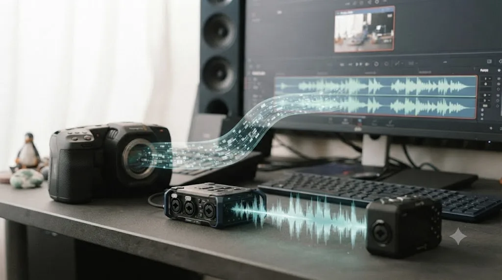 Illustration of a camera and an external audio recorder feeding synced waveforms into a DaVinci Resolve Fairlight audio track above a ProRes RAW video clip