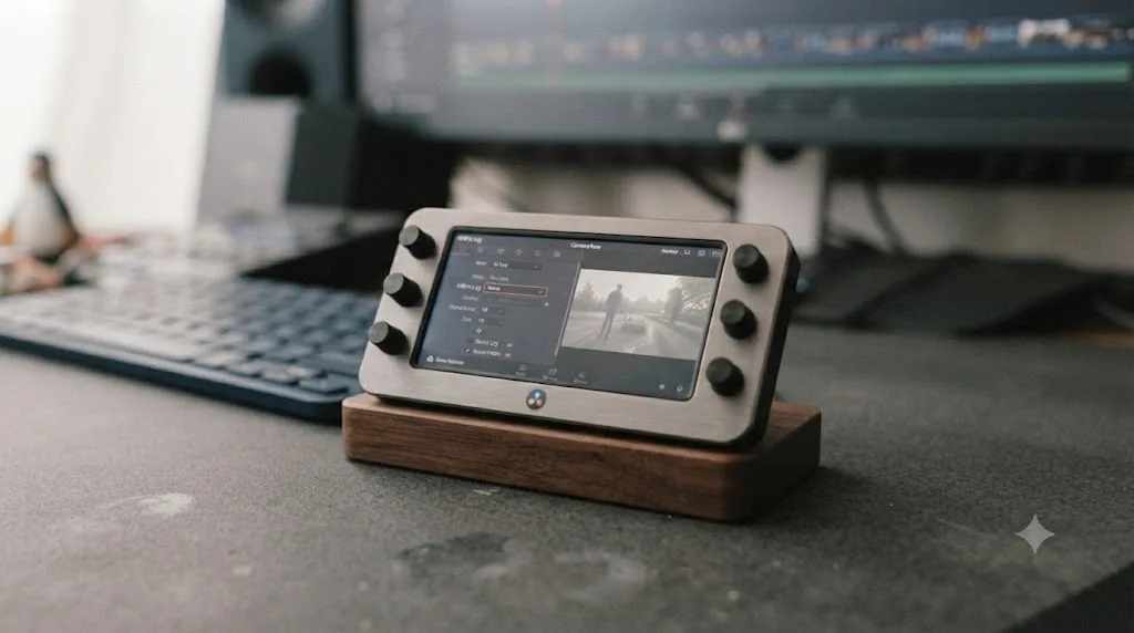 Illustration of a DaVinci Resolve Camera Raw panel with a RAW to Log dropdown and a flat, low-contrast preview image