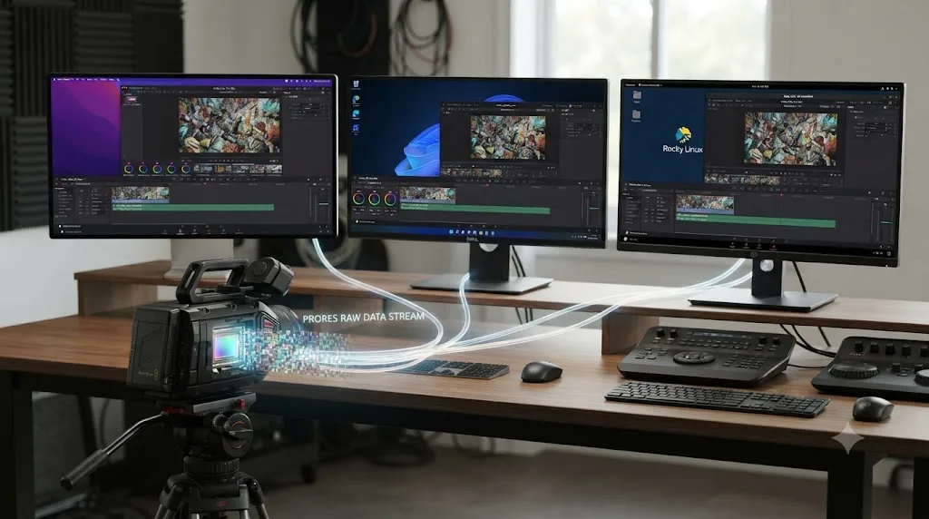 Illustration of a camera sensor's raw data streaming into a DaVinci Resolve timeline shown across a Mac, a Windows PC, and a Linux workstation