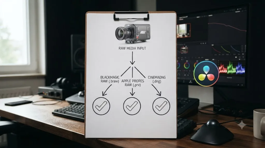 Illustration of a decision flowchart showing a camera branching into Blackmagic RAW, ProRes RAW, and CinemaDNG paths, all ending inside DaVinci Resolve