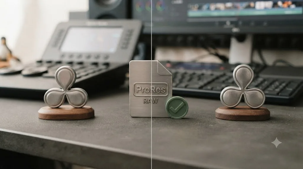 Illustration of a split screen comparing DaVinci Resolve free and Studio editions with an identical ProRes RAW checkmark on both sides