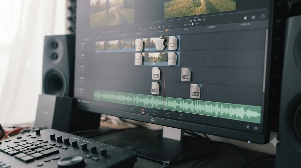 Illustration of a DaVinci Resolve multicam timeline with four camera angles, two marked as ProRes RAW and two as a standard codec, synced above one shared audio waveform