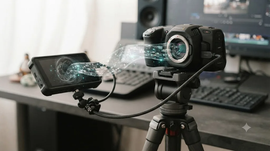Illustration of a mirrorless camera connected to an external recorder unit via HDMI, with a raw data stream flowing from the camera into the recorder