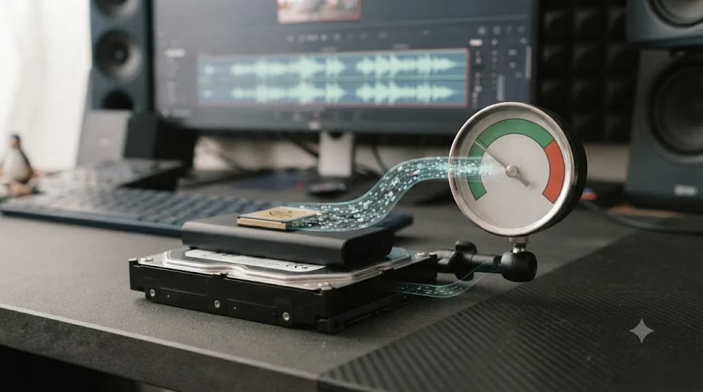 Illustration of a CFexpress card, an external SSD, and a spinning hard drive with a data rate gauge showing which ones can sustain ProRes RAW recording speeds
