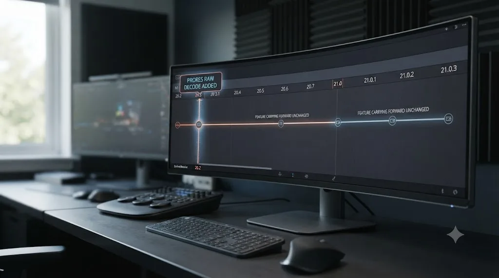 Illustration of a DaVinci Resolve version timeline from 20.2 through 21.0.3 with a marker showing where native ProRes RAW decoding was added