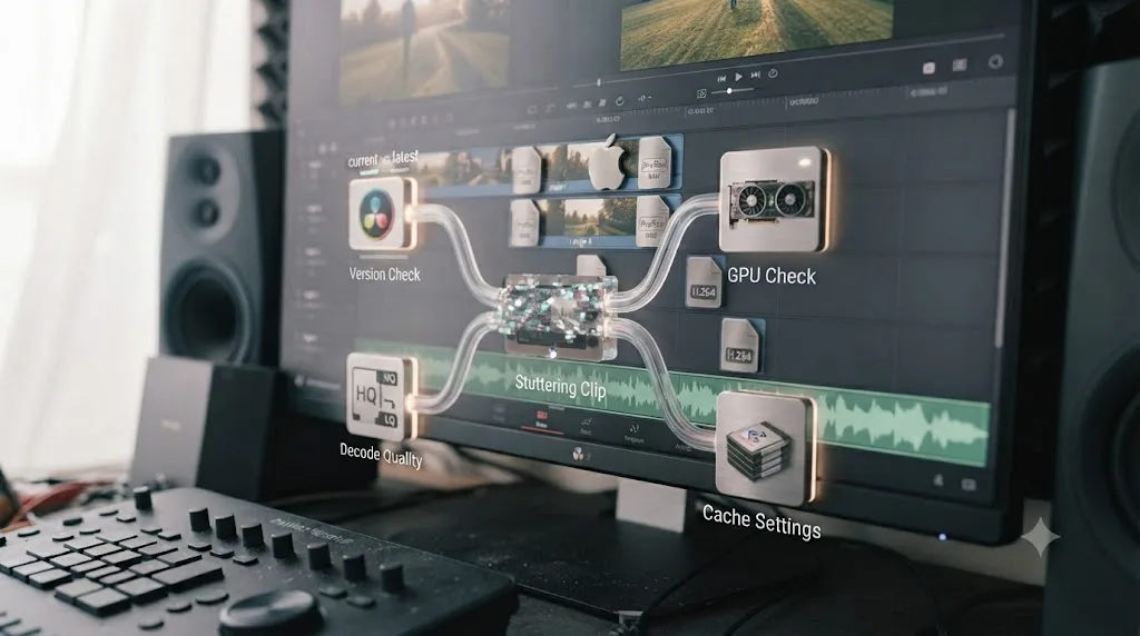 Illustration of a DaVinci Resolve interface with a diagnostic flowchart showing version check, GPU check, decode quality, and cache settings pointing toward a troubleshooting icon