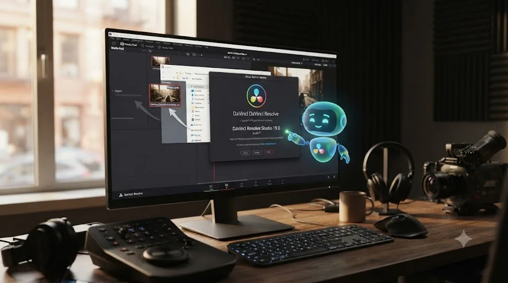 Illustration of the TryUncle assistant pointing at a DaVinci Resolve version number next to a ProRes RAW file being imported
