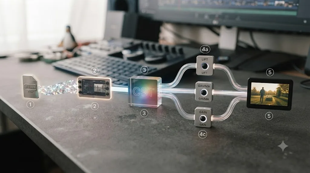 Illustration of a numbered workflow diagram showing a ProRes RAW clip moving through import, Camera Raw settings, a Color Space Transform node, and a grading node structure