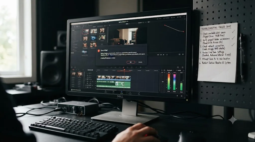 Illustration of a DaVinci Resolve project syncing through Blackmagic Cloud between an iPad and desktop, with media files moving separately via an external drive