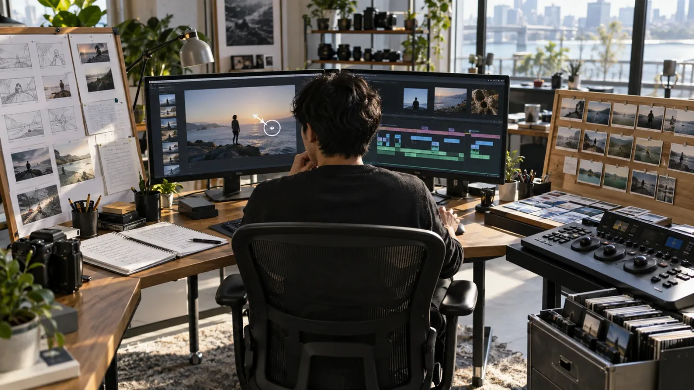 Illustration of different AI video editing tool categories around a DaVinci Resolve editor