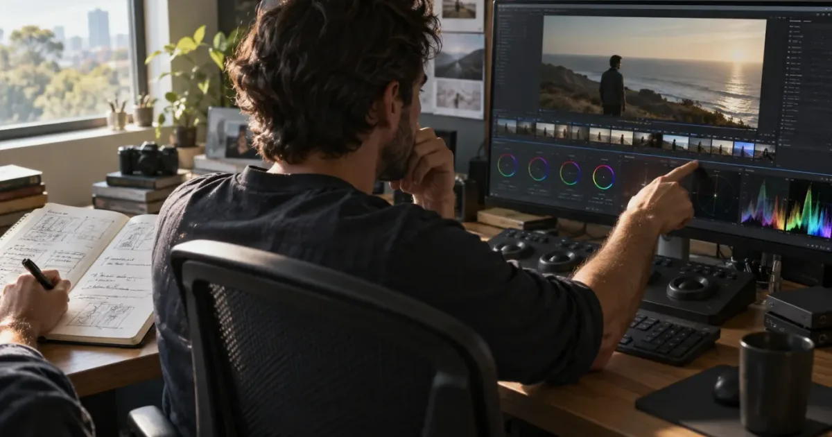 Illustration of Doza Assist and TryUncle helping an editor work in DaVinci Resolve