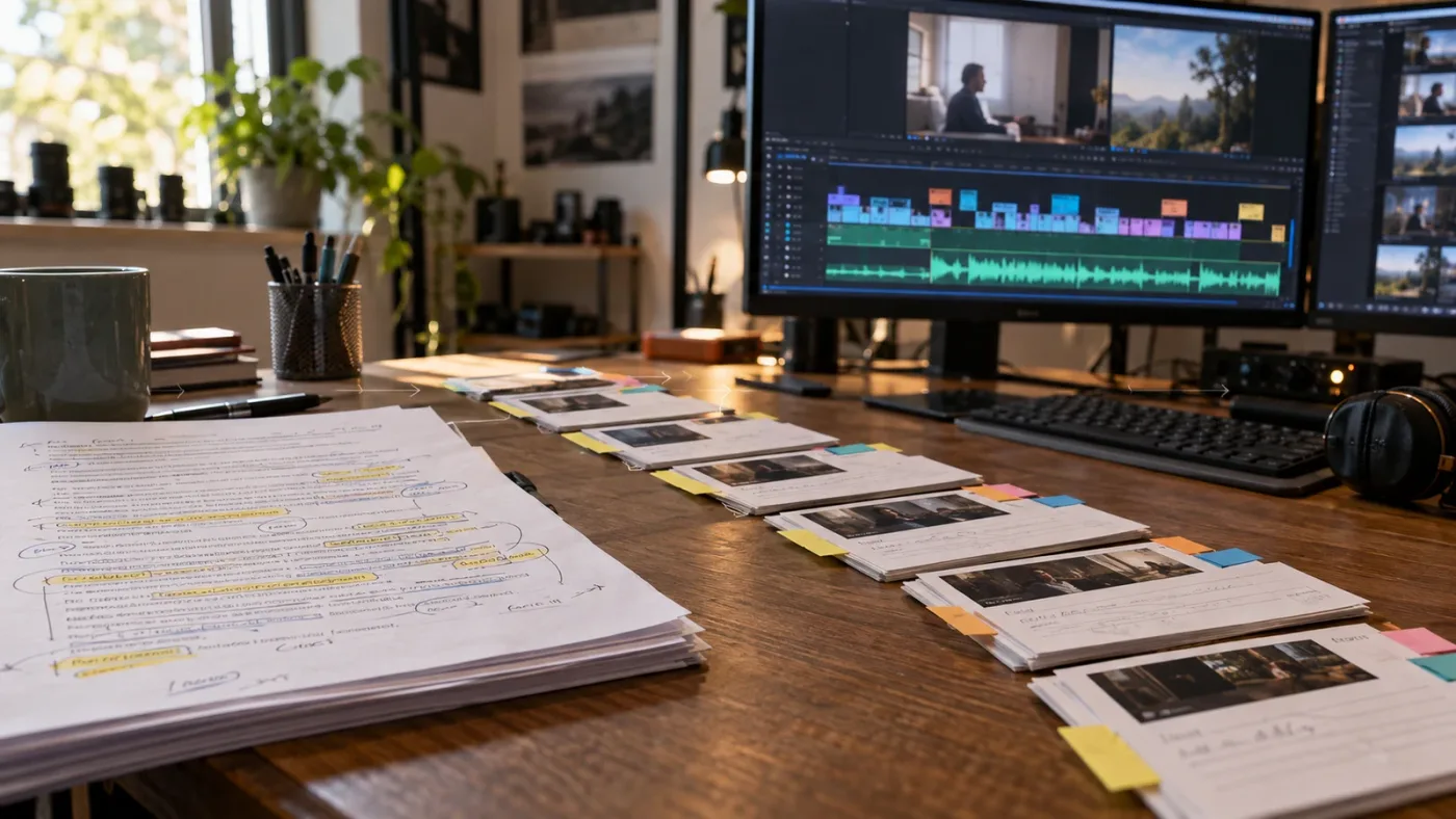 Illustration of interview transcript analysis becoming a DaVinci Resolve stringout