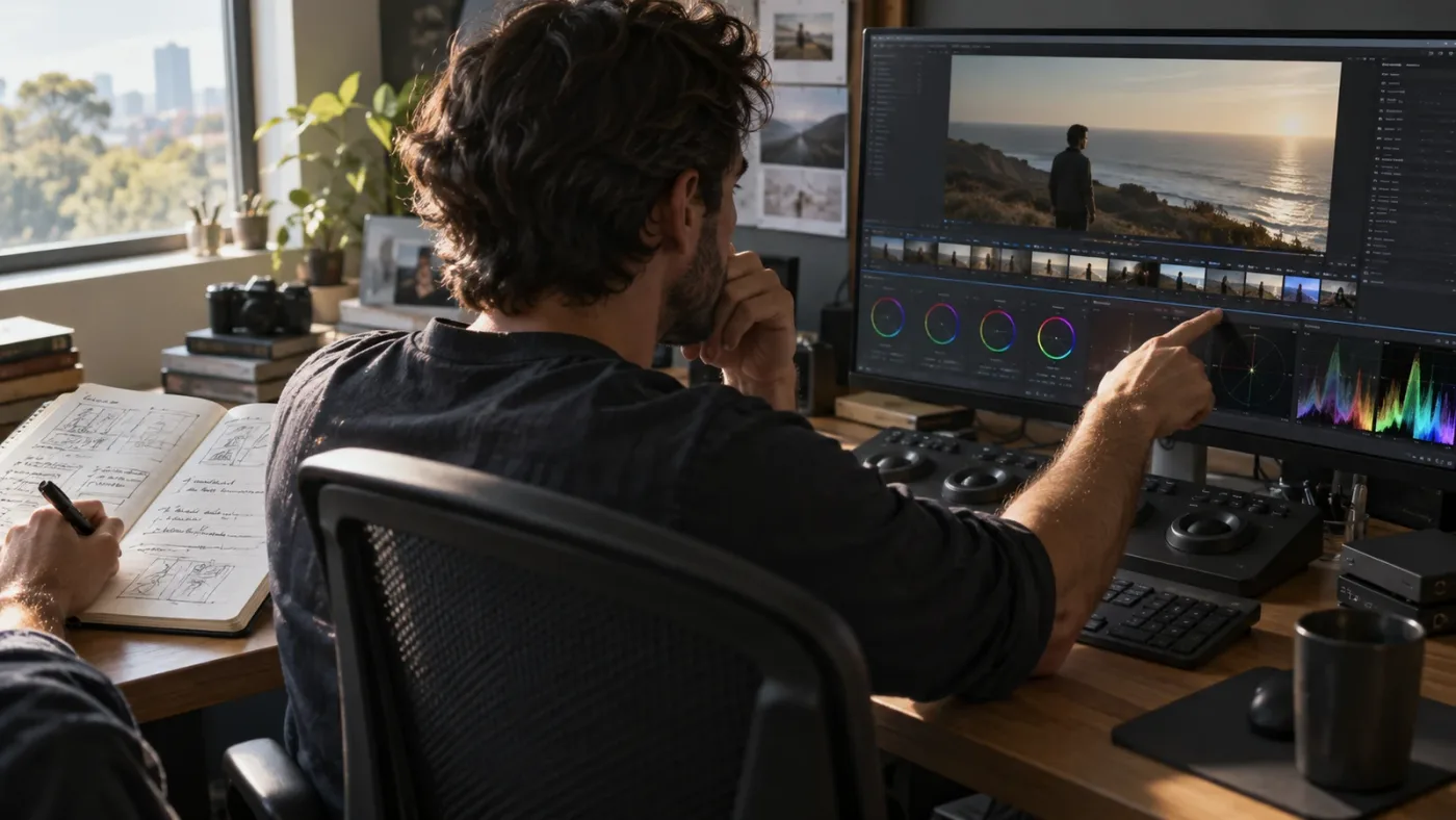 Illustration of two editing assistants beside a DaVinci Resolve workstation