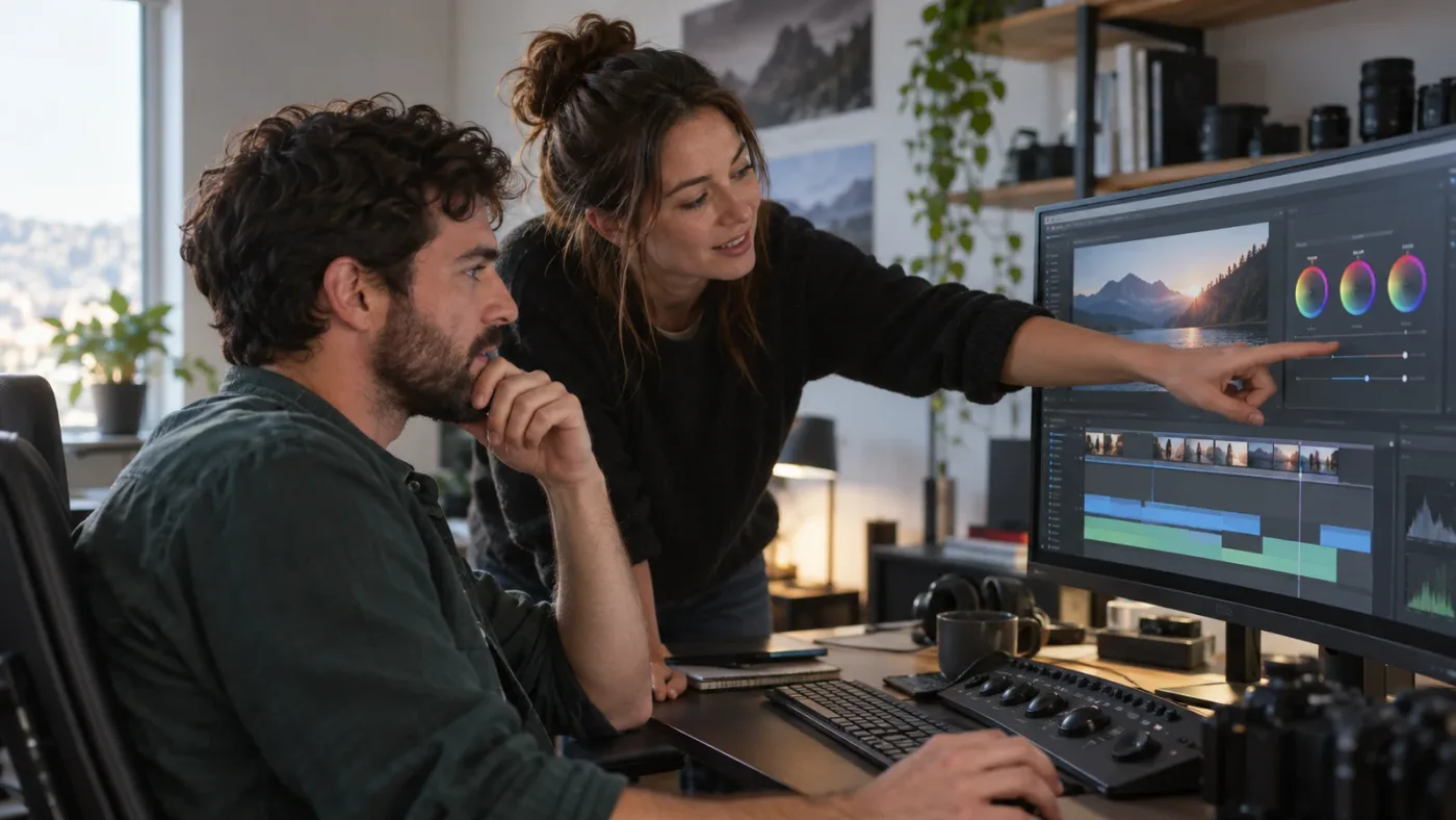 Illustration of an on-screen assistant guiding an editor through DaVinci Resolve