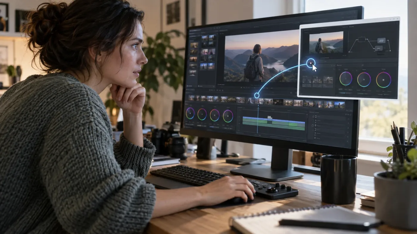 Illustration of a screen-aware assistant resolving a DaVinci Resolve tutorial mismatch