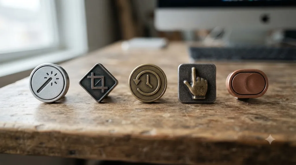Illustration of five AI editing tool icons in a row, with one distinct pointing-hand icon marking the tool that doesn't automate edits