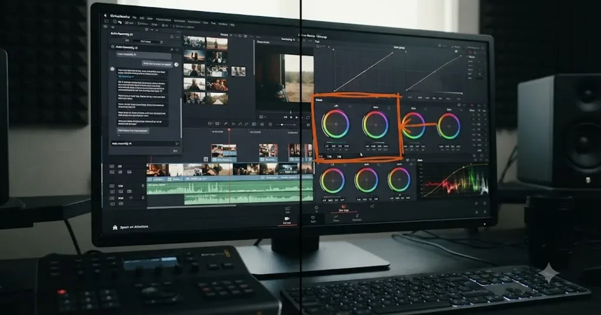 Illustration of a DaVinci Resolve timeline split between an AI automation panel assembling a rough cut and an AI tutor pointing at a control