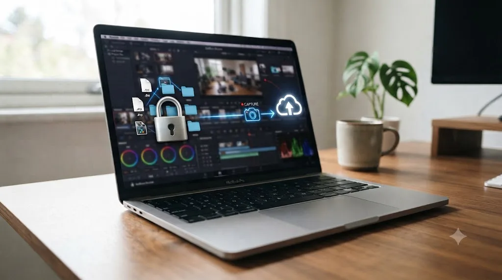 Illustration of a lock icon on a laptop showing project files staying local while only a small capture icon travels to the cloud
