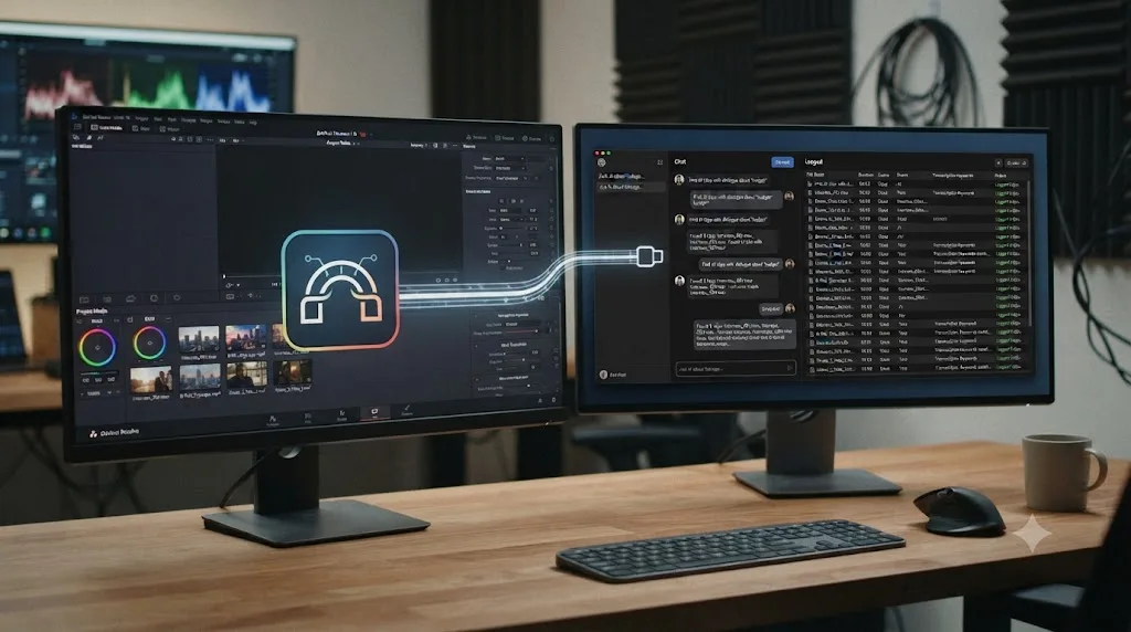 Illustration of a DaVinci Resolve bin connected by a bridge icon to a separate AI chat application window