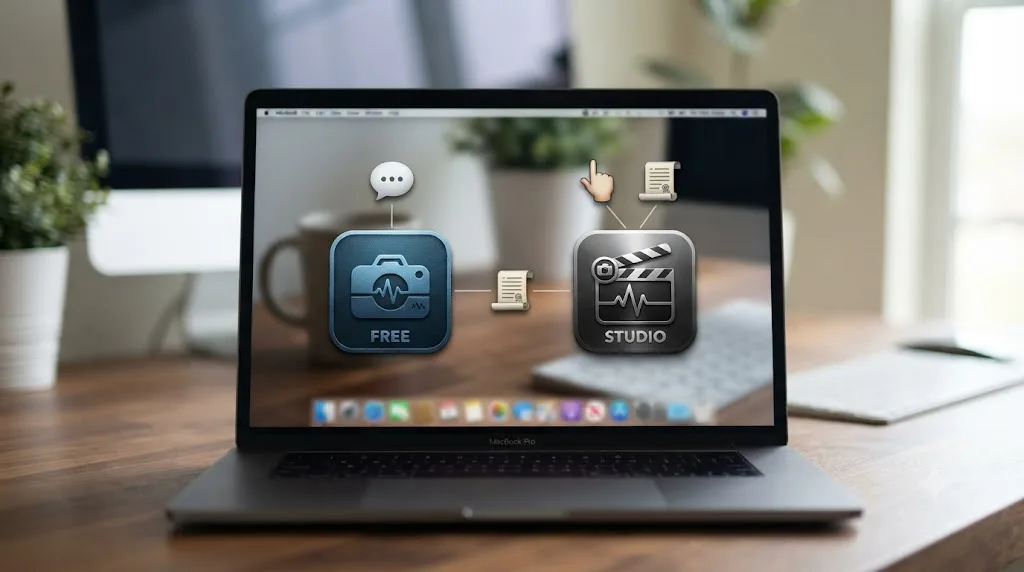 Illustration of two DaVinci Resolve app icons, free and Studio, with different AI tool icons connected to each based on compatibility