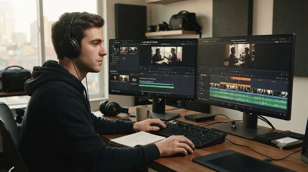 Illustration of an editor reviewing an AI-assembled rough cut on a monitor with some clips flagged for review