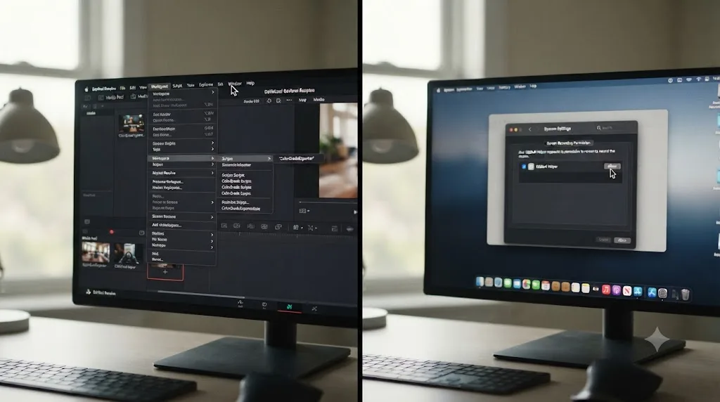Illustration of two setup flows side by side, one enabling a DaVinci Resolve scripts menu, the other granting macOS screen permissions