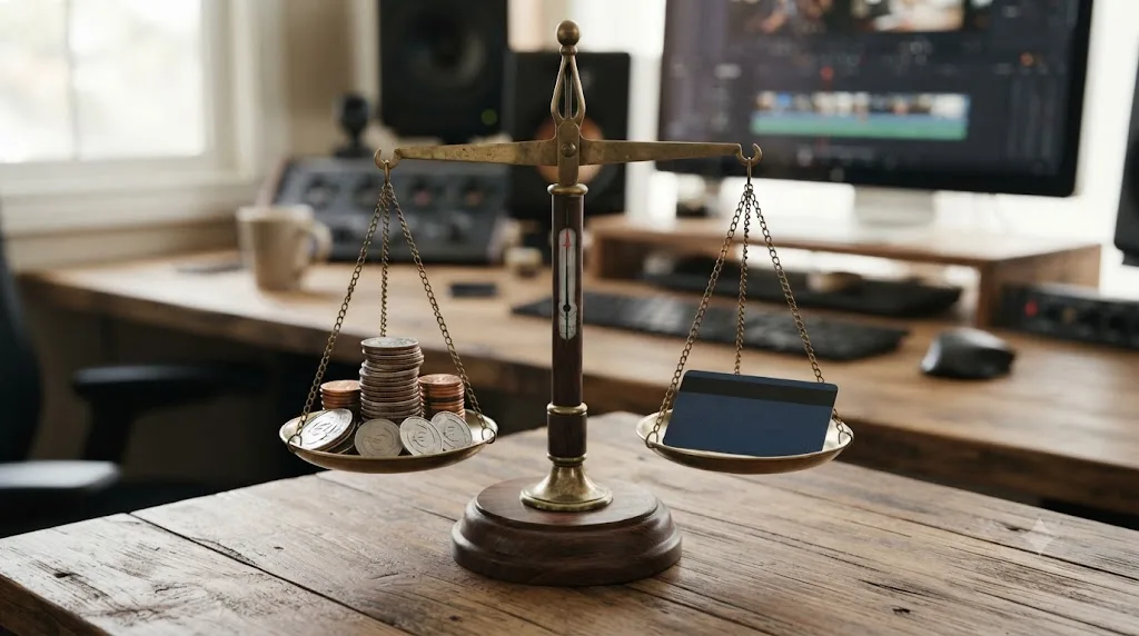 Illustration of a balance scale weighing per-export credit pricing against a flat monthly subscription