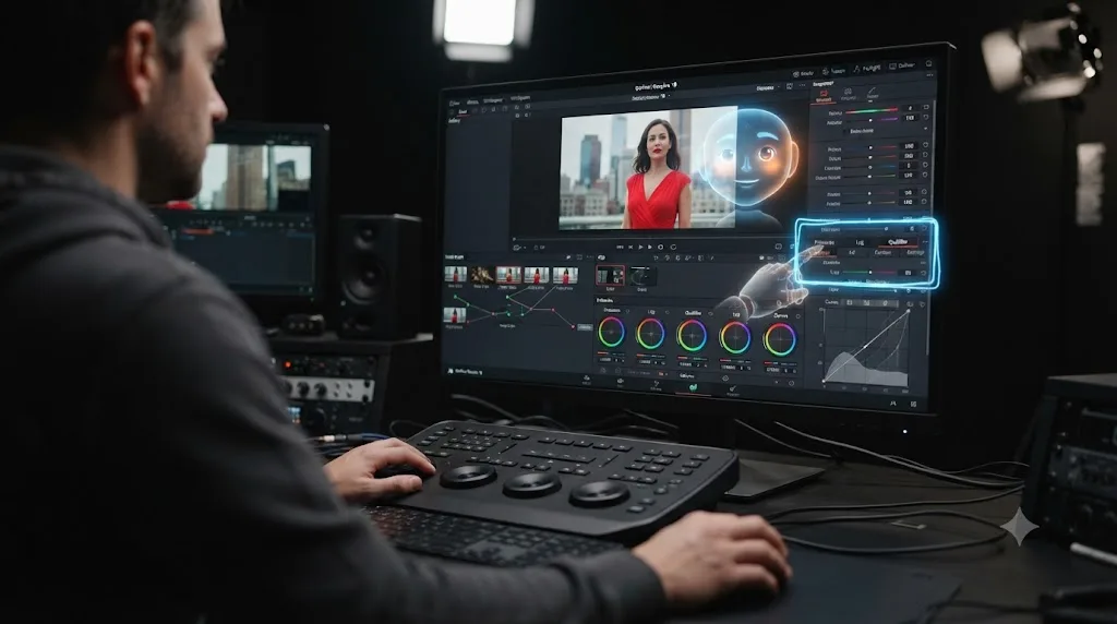 Illustration of an AI tutor overlay pointing at a qualifier control inside a DaVinci Resolve Color page interface
