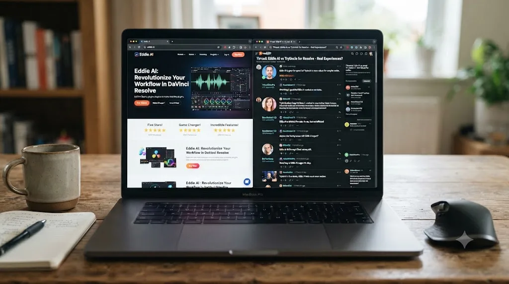 Illustration of a laptop showing a polished marketing page next to a mixed-review discussion thread in another tab