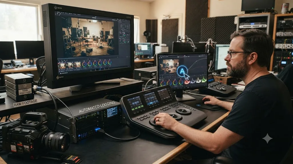 Illustration of a workflow diagram showing raw footage moving through automated logging into a human-guided finishing stage assisted by an AI tutor