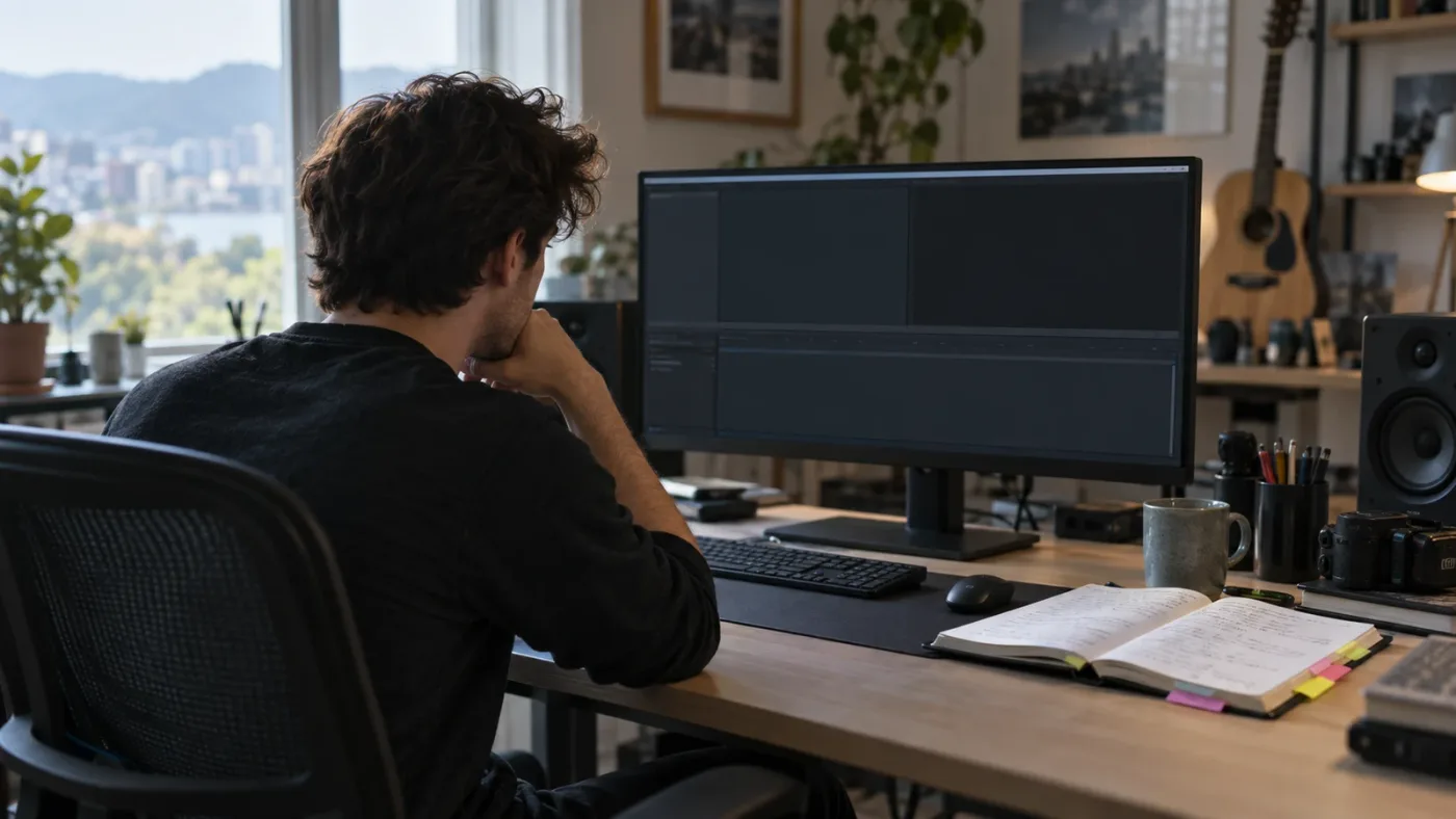 Illustration of an editor facing a blank DaVinci Resolve project after finishing training