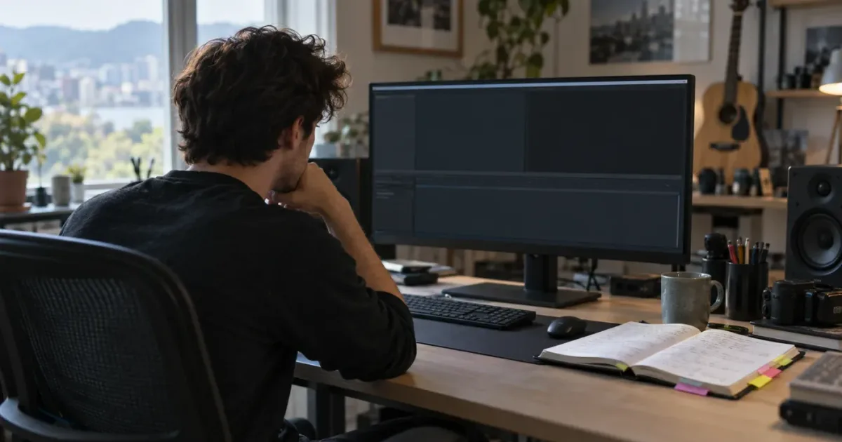Illustration of an editor rebuilding confidence in DaVinci Resolve after finishing a course