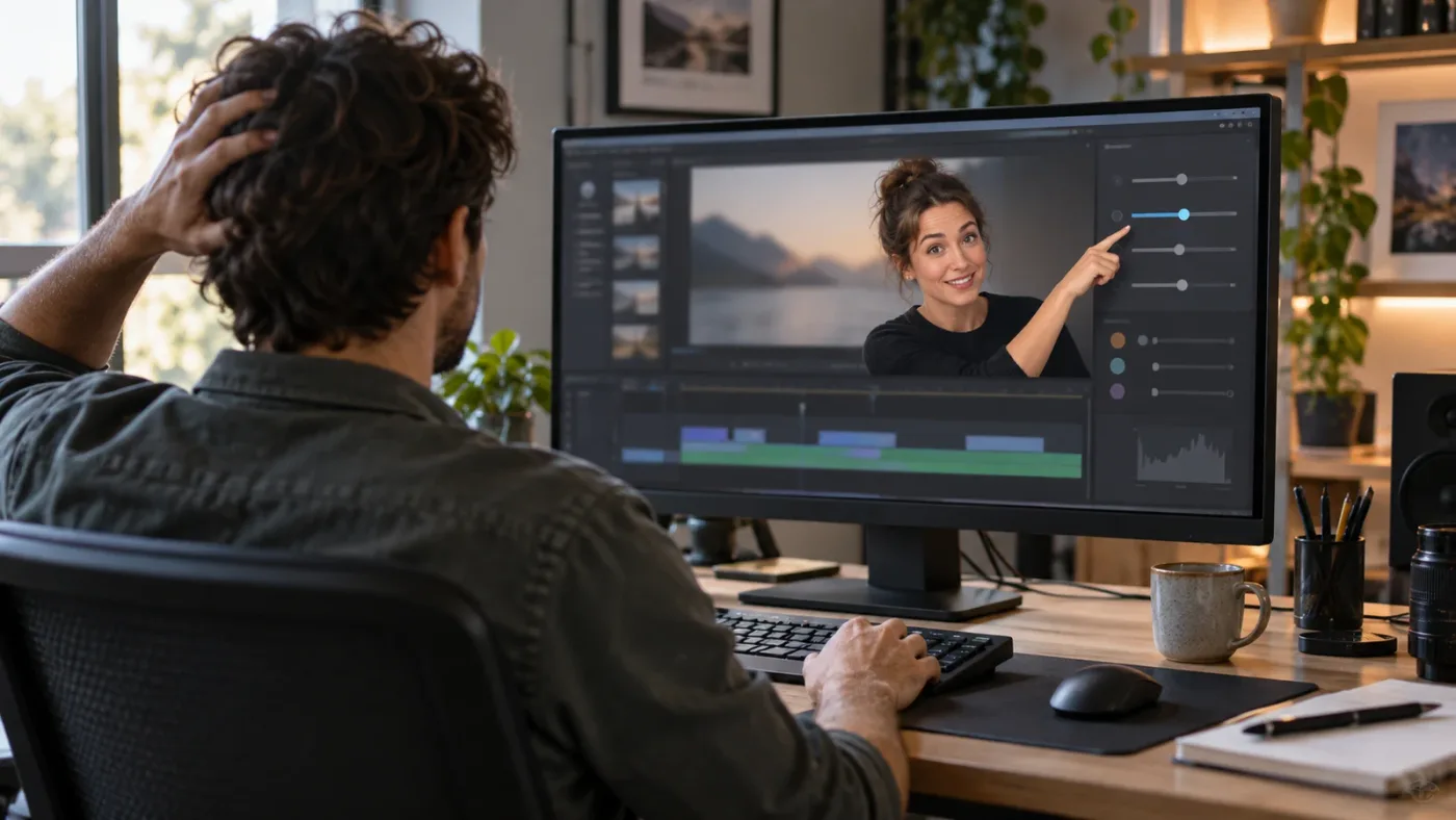Illustration of an on-screen assistant pointing to a DaVinci Resolve control during practice