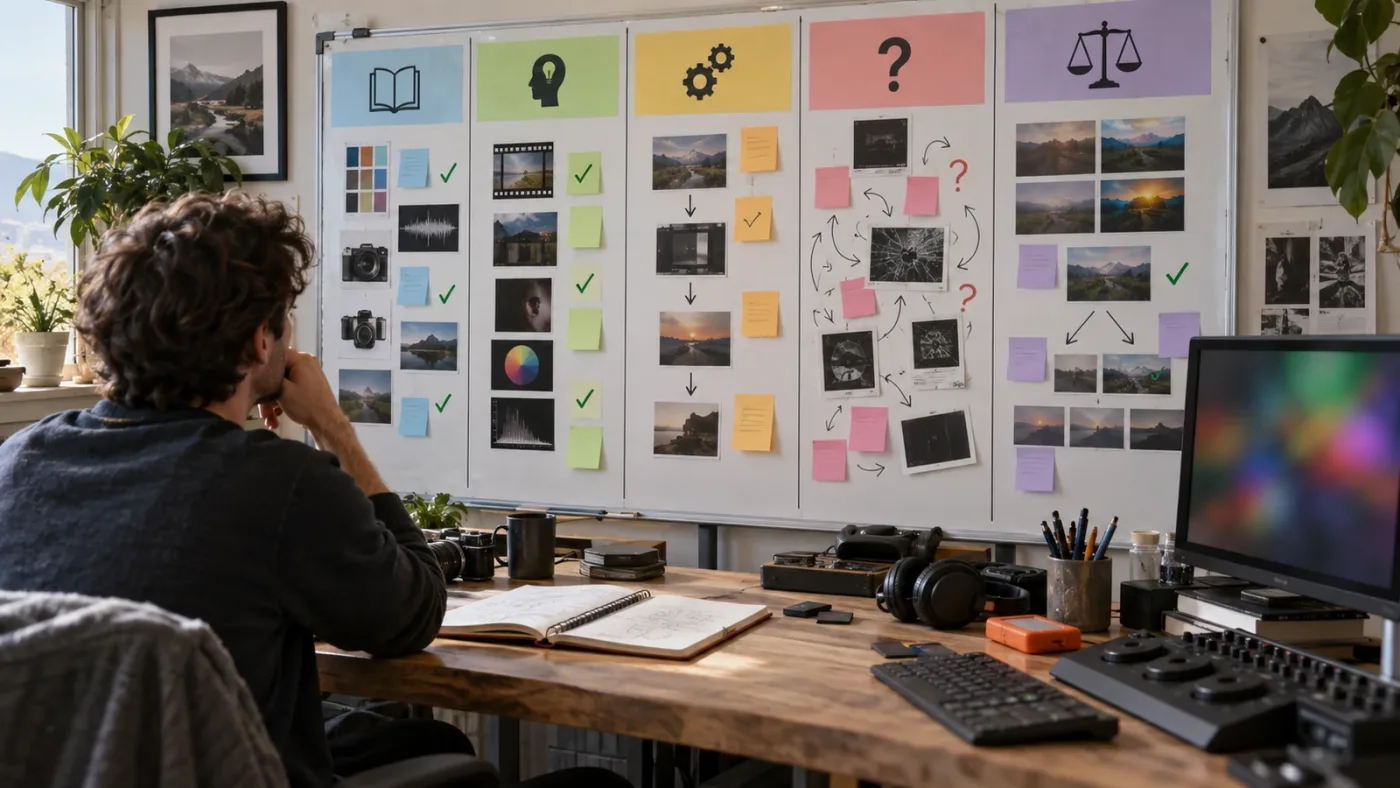 Illustration of a skill diagnosis board for DaVinci Resolve learning gaps