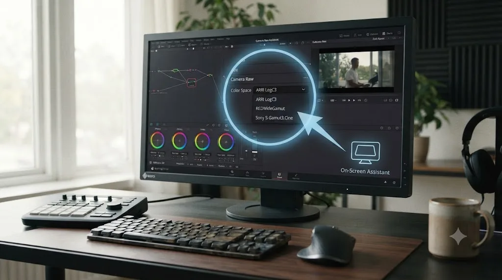 Illustration of an on-screen assistant pointer highlighting a specific control inside a DaVinci Resolve color page interface