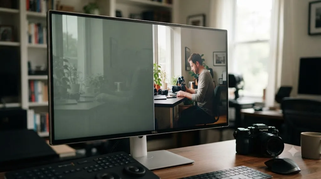 Illustration of a split screen comparing flat F-Log2 footage on the left and color-corrected footage on the right