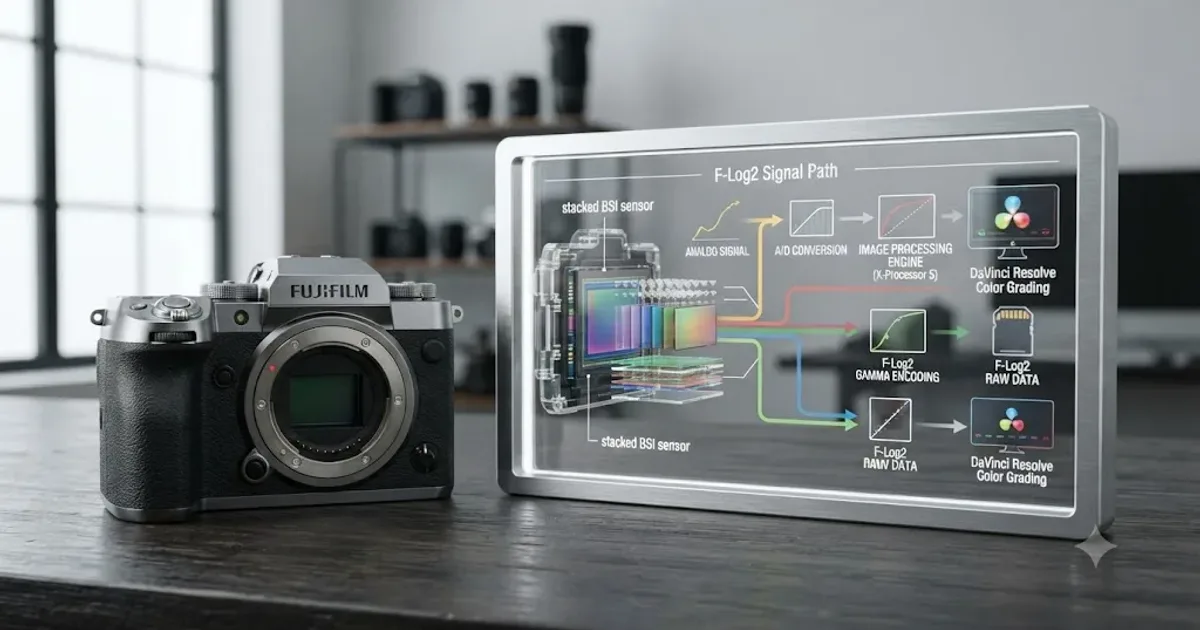 Illustration of a Fujifilm X-H2S camera feeding flat F-Log2 footage into a DaVinci Resolve Color Space Transform node that outputs a normalized image