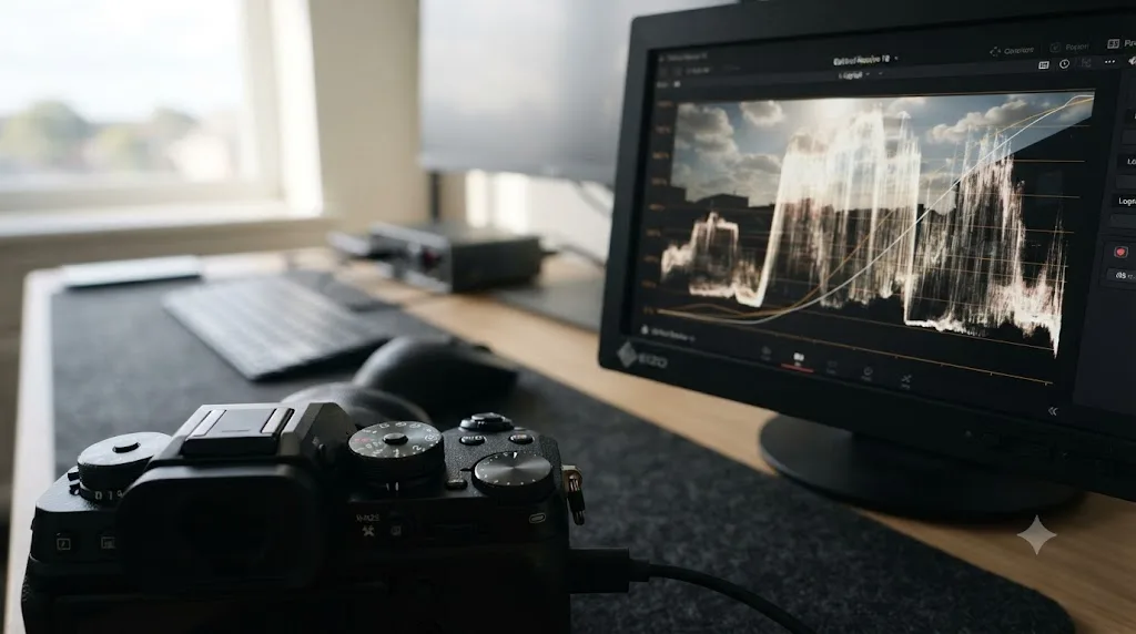 Illustration of a camera exposure dial turned toward brighter values next to a waveform monitor showing preserved highlight detail