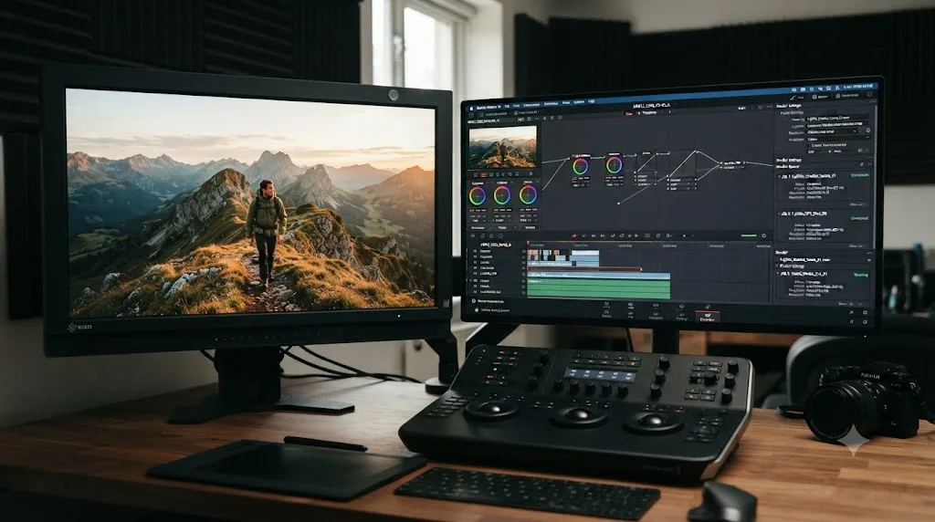 Illustration of a finished color graded shot displayed on a calibrated reference monitor beside a DaVinci Resolve export queue